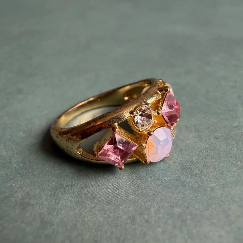 Cocktail Band Ring – Pink Crystal Opal Glass Gold Tone Statement Ring
